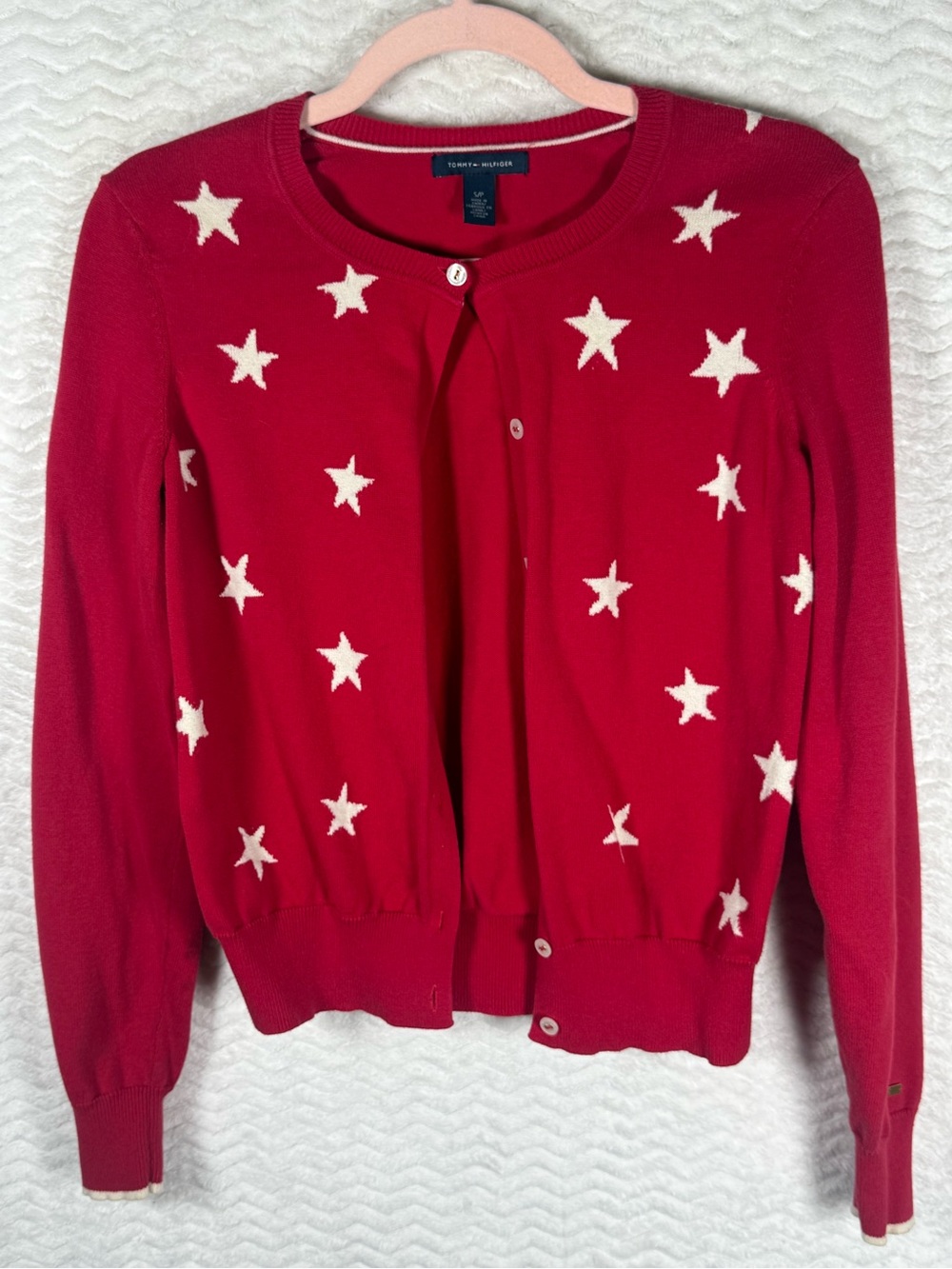 Tommy Hilfiger Red Cardigan with White Star Pattern. 100% cotton. Classic piece.